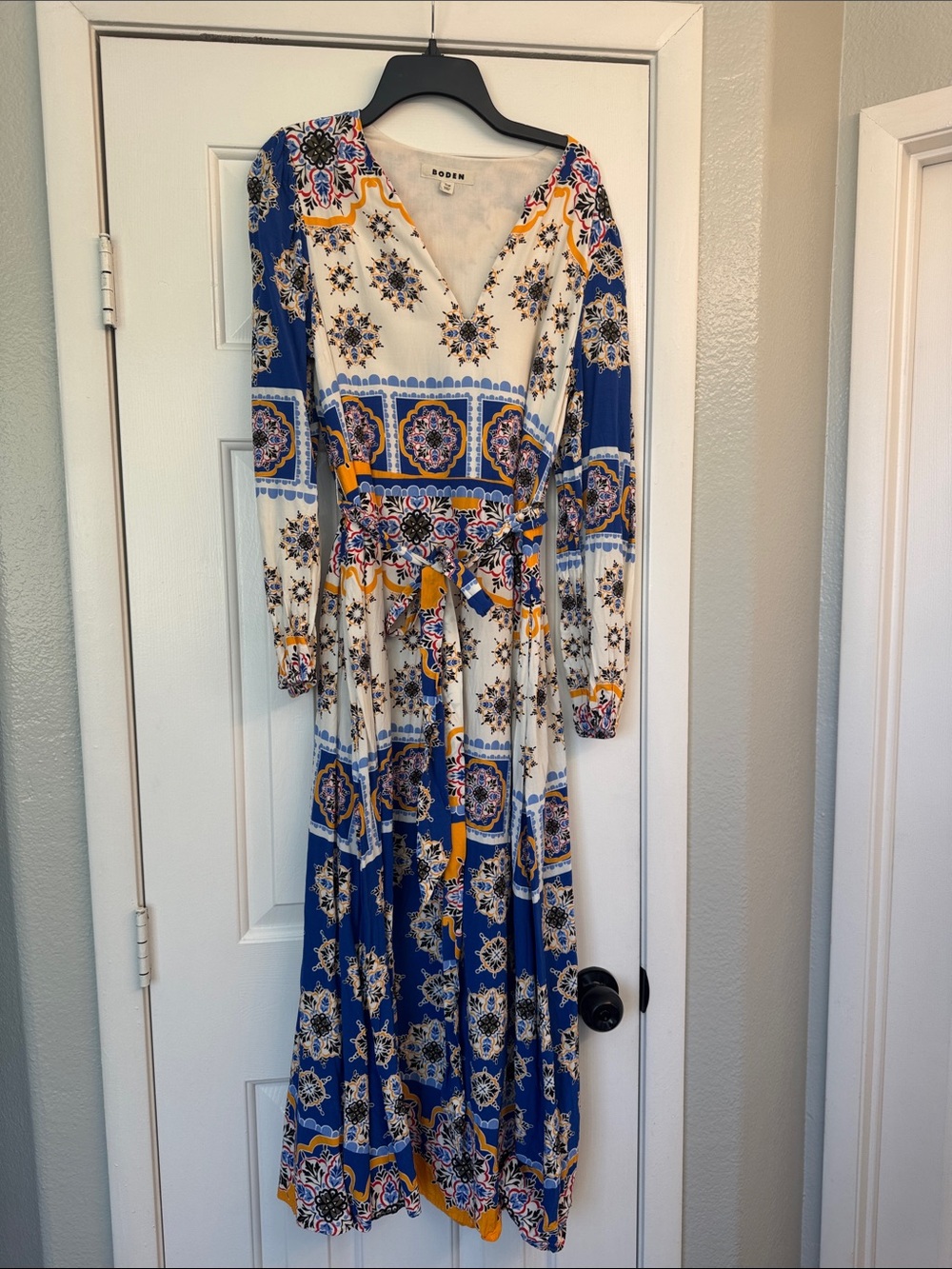 Boden Blue, White & Yellow Printed Maxi Dress with Tie Waist